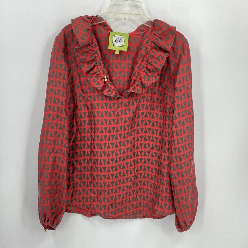 Elizabeth McKay Ruffle Neck Silk Blouse Red Party Hat Print Long Sleeve Size 2